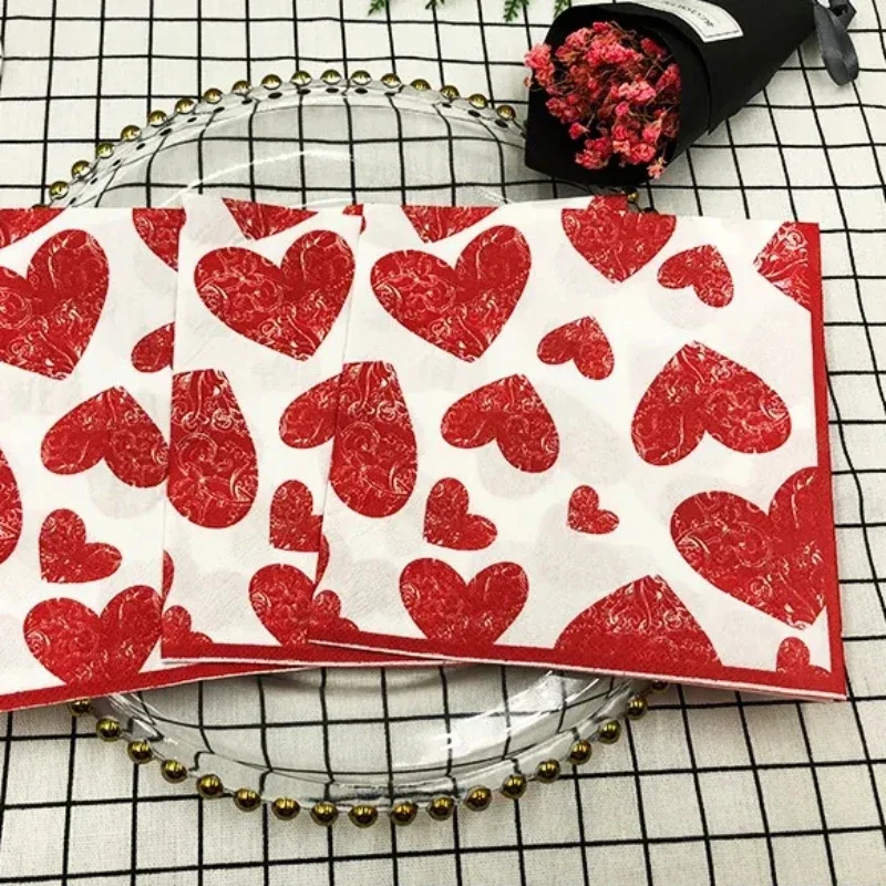 20pcs/P Heart Shaped Colourful Printed Napkin Wedding Valentine's Day Facial Tissue Proposal  Decoration Wine Glass Flower Paper