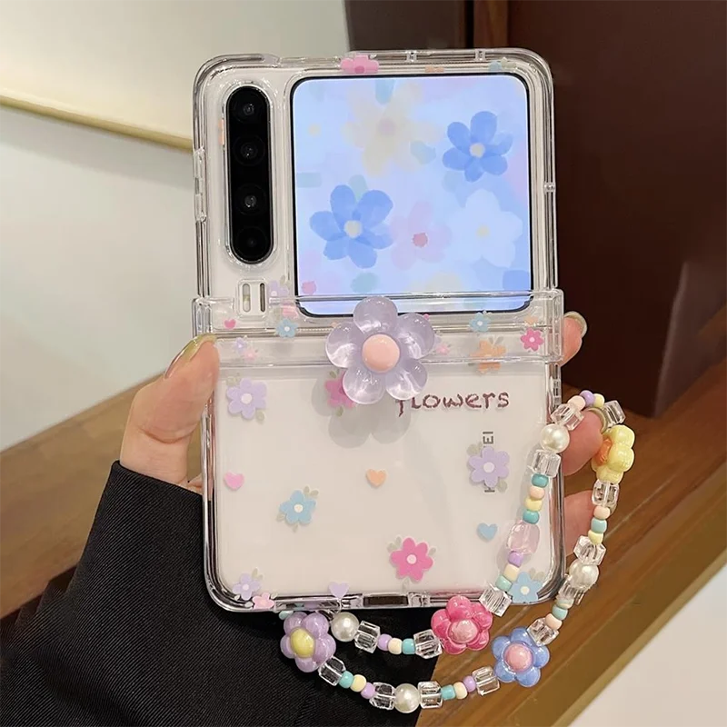 3D Rotatable Flower Clear Flip Case For Samsung Galaxy Z Flip 6 5 4 / Xiaomi Mix Flip Case Cute Colorful Floral Shockproof Cover