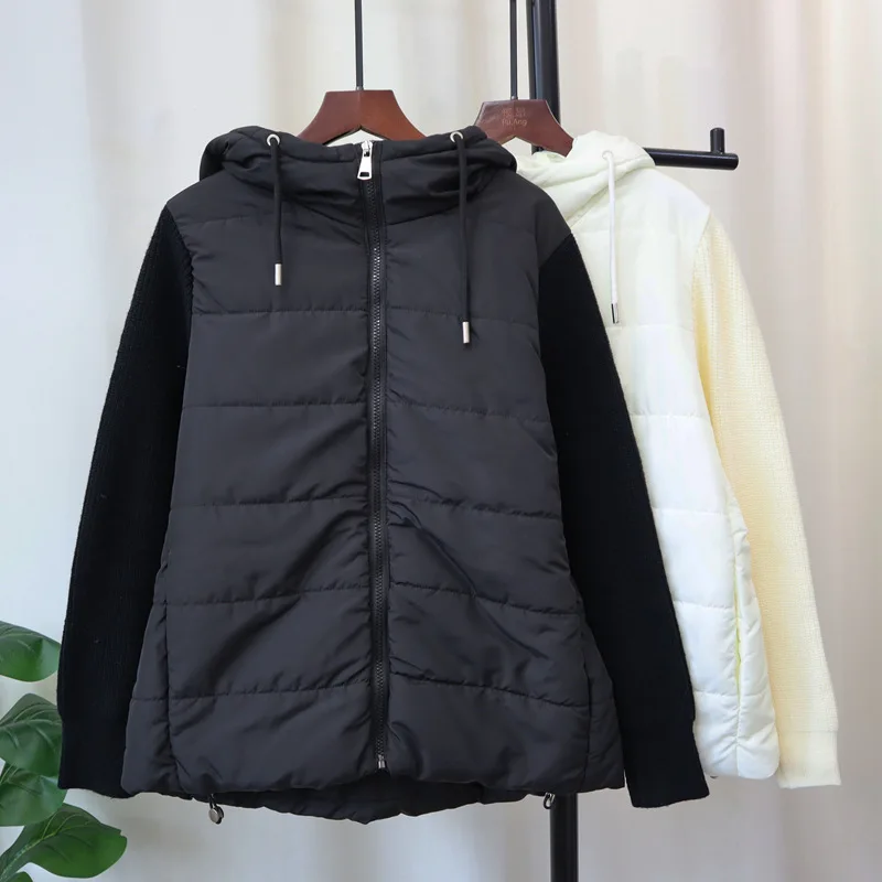 Women Knitted Parka Jackets Hooded Short Coats Casual Jackets White Long Sleeves Zipper Drawstring Hem Loose Elegant 2025 Winter