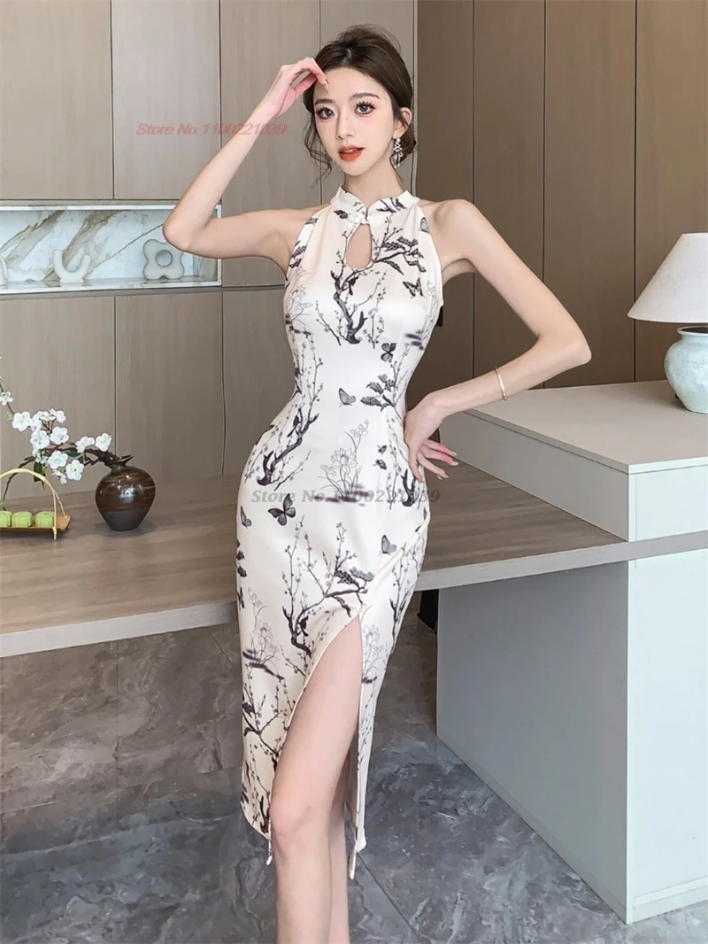 

2024 chinese dress sexy qipao improved cheongsam flower print dress qipao traditional nightclub banquet evening dress qipao