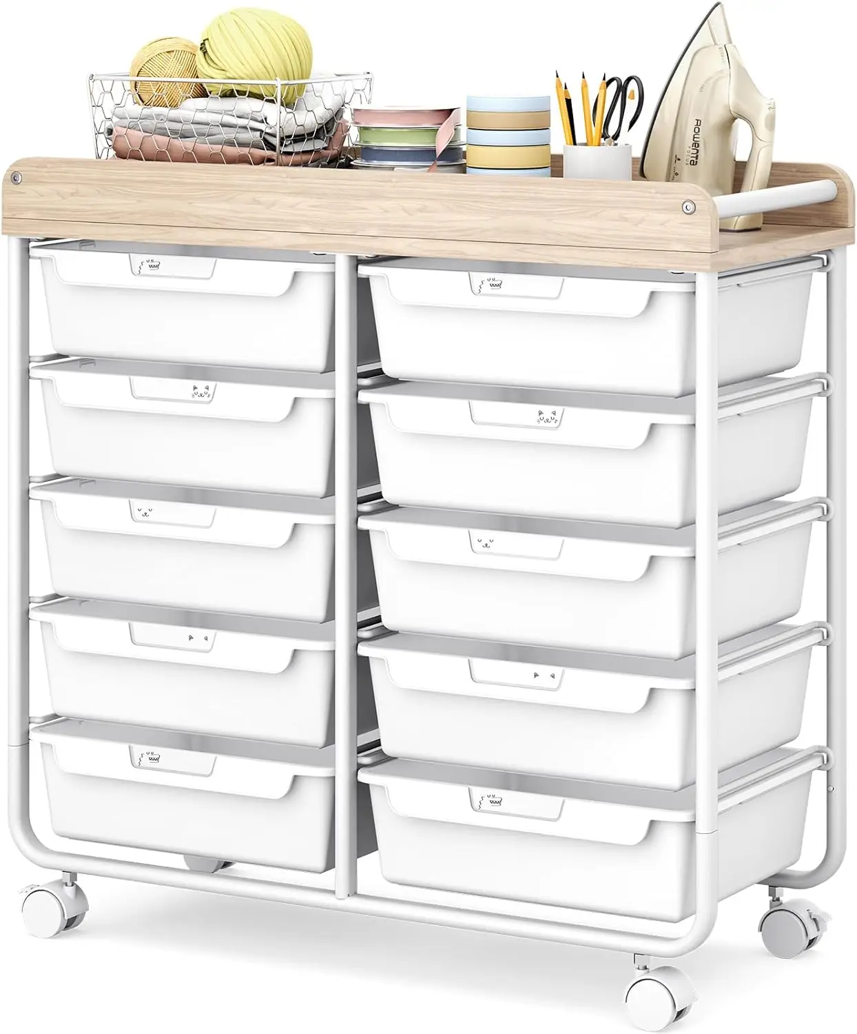 

Мобильная тележка-органайзер на 10 ящиков с деревянной столешницей, на колесиках, для дома, офиса, школы, чисто белая
