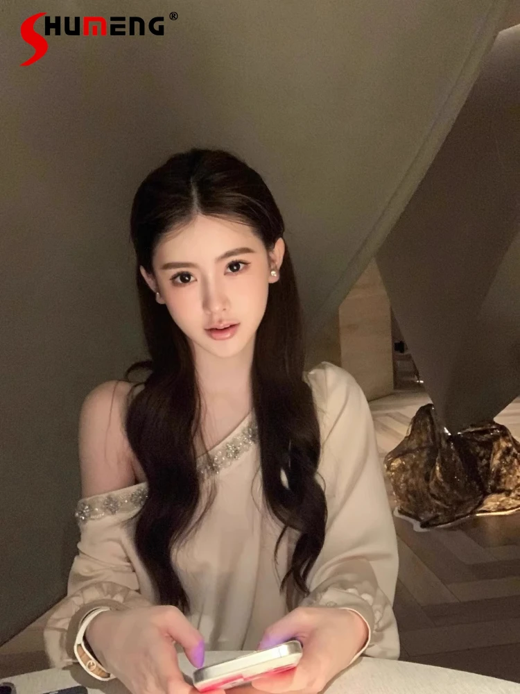 

Fashion Diamond-encrusted Off-the-shoulder Tops Women's 2025 Spring Autumn New High-end Trendy Socialite Super Good-looking Tops