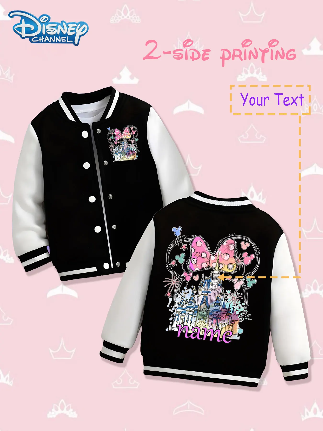 

MINISO Disney Fantasy Castle Children's Baseball Jacket - Double-sided with Minnie head and castle creative prints, dreamy and r