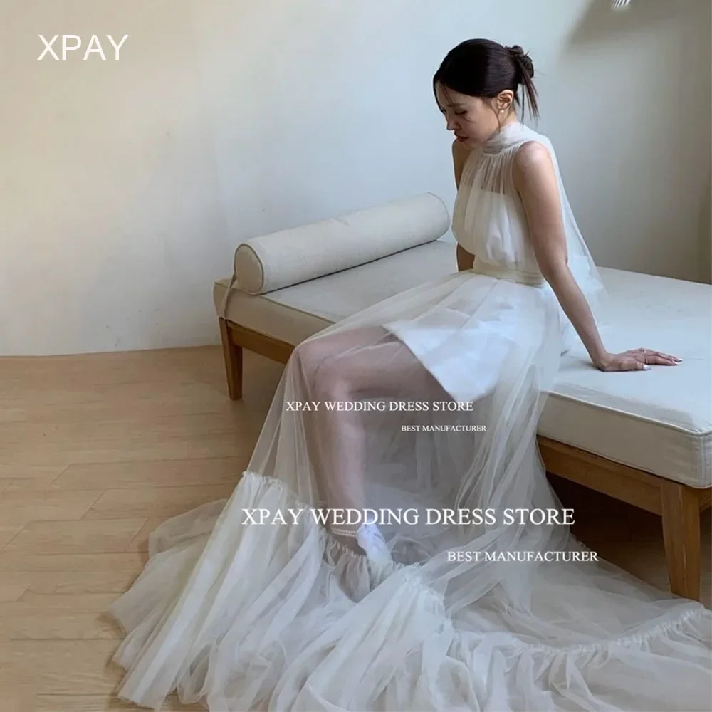 

ML Modern 2 in 1 Korean Wedding Dresses A Line Customized Tulle Backless Bridal Gown Photos Shoot Sleeveless Short Bride Dress