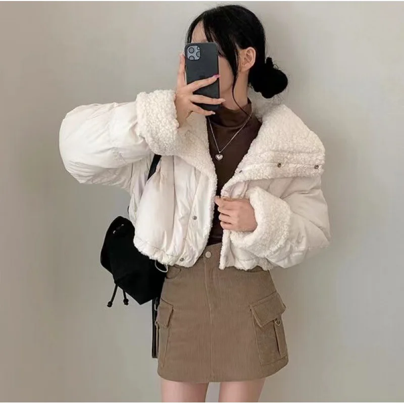 Stand Collar Drawstring Parkas Thicked Outerwears Lambswool Ropa Mujer 2024 Woman Casaco Autumn Winter Single Breasted Jacket