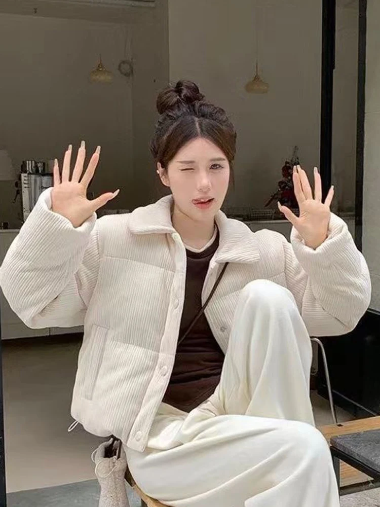 الحلو الرجعية سروال قصير سترات المرأة فضفاضة الكورية طويلة الأكمام القطن معطف شتاء دافئ الإناث جيوب سميكة بسيطة جديدة #6