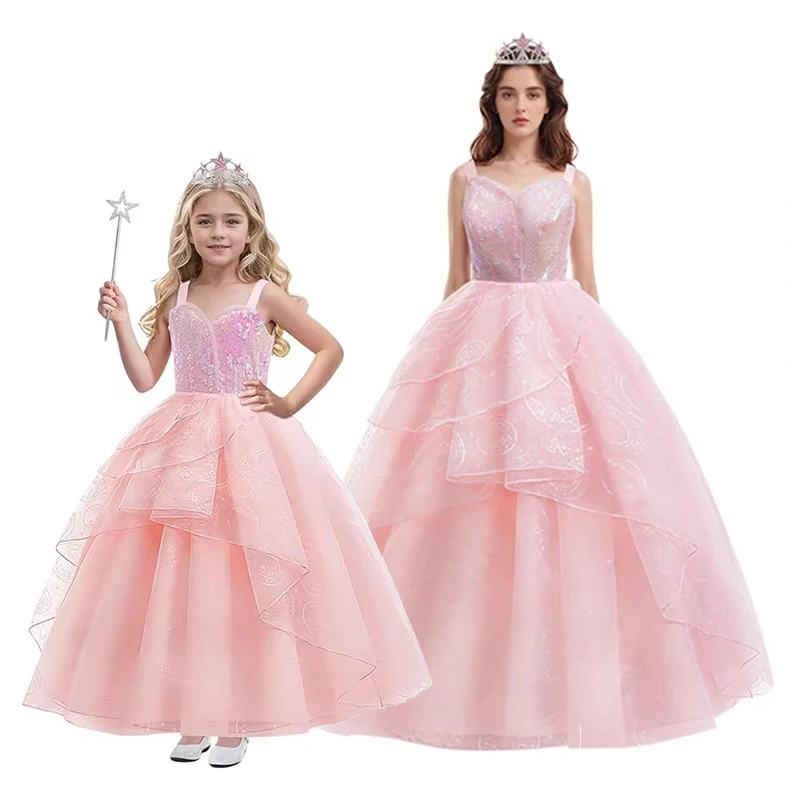 Mother Kids Family Matching Outfits Glinda Cosplay Costume Magic Witch Dress Women And Girls Party Dresses Pink Summer Dress
