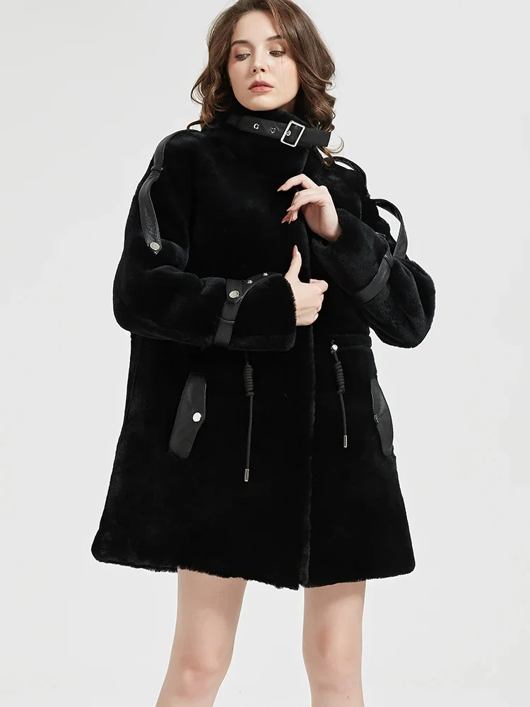 Fashionable Women Black Fur One-piece Coat Medium Long Loose High Neck Lambskin Fur Grass Coat