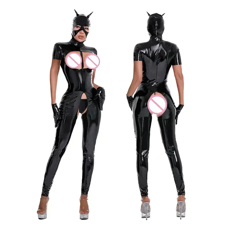 بدلة قفز نسائية مثيرة من الجلد من اللاتكس اللامع مع قناع Ssexy مكشوف الحلمات بدلة مثيرة بدون حمالات #1
