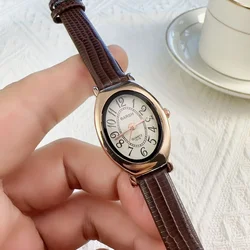 Vintage Design Classic Watch Fashion Oval Number Dial Quartz Watches Brown Leather Band Wristwatch Montre Femme Dropshipping