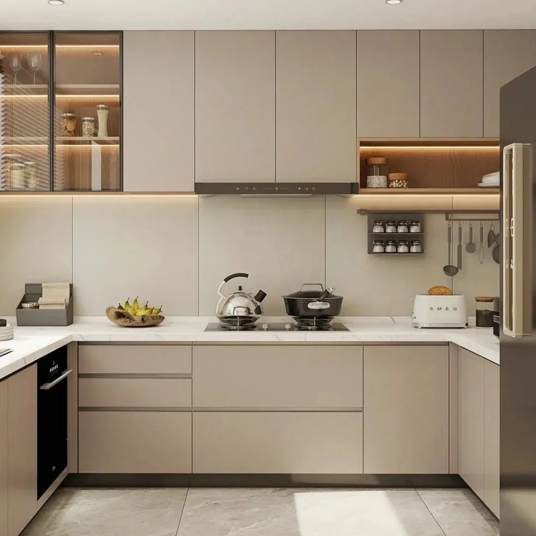%Minimalist Luxury Custom Pine Wood Kitchen Cabinets Multi-Functional Storage Cabinet Integrated