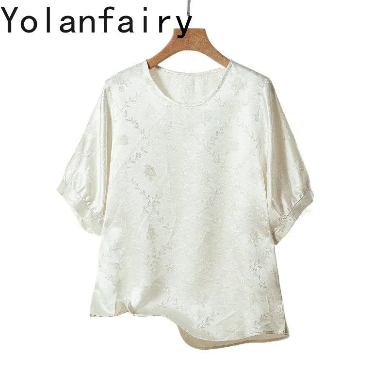 YOLANFAIRY New 100% Real Mulberry Silk T Shirts Woman 2026 Summer Elegant Short Sleeve Blouse Womens Top Casual Tee Shirt Femme