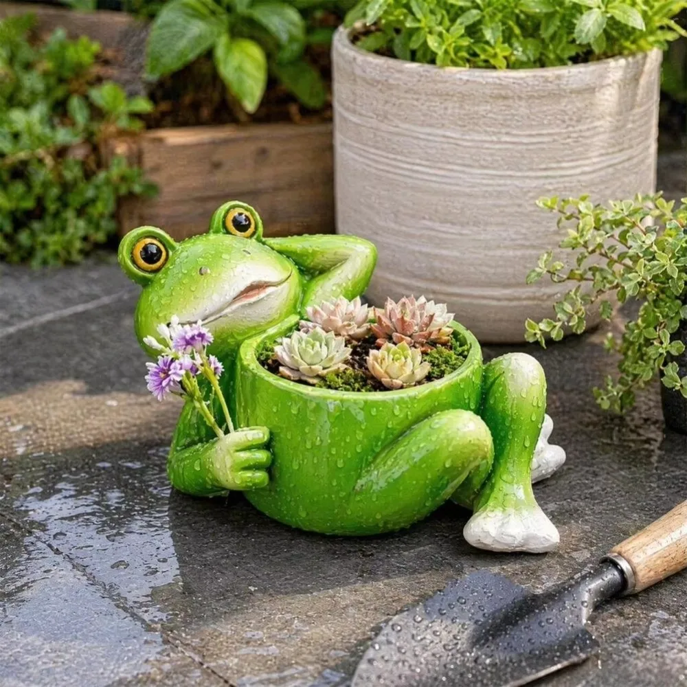 Multipurpose Resin Frog Flower Pot Cartoon Decorative Succulent Planter with Drainage Hole Flower Container Balcony Decor