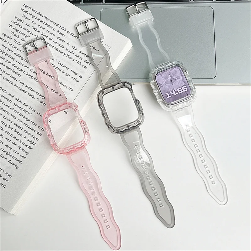 Band + Case Transparent For Apple Watch 8 7 6 SE 5 4 3 Transparent Silicone Strap For iWatch Strap 40mm 44mm 42mm 41mm 45mm