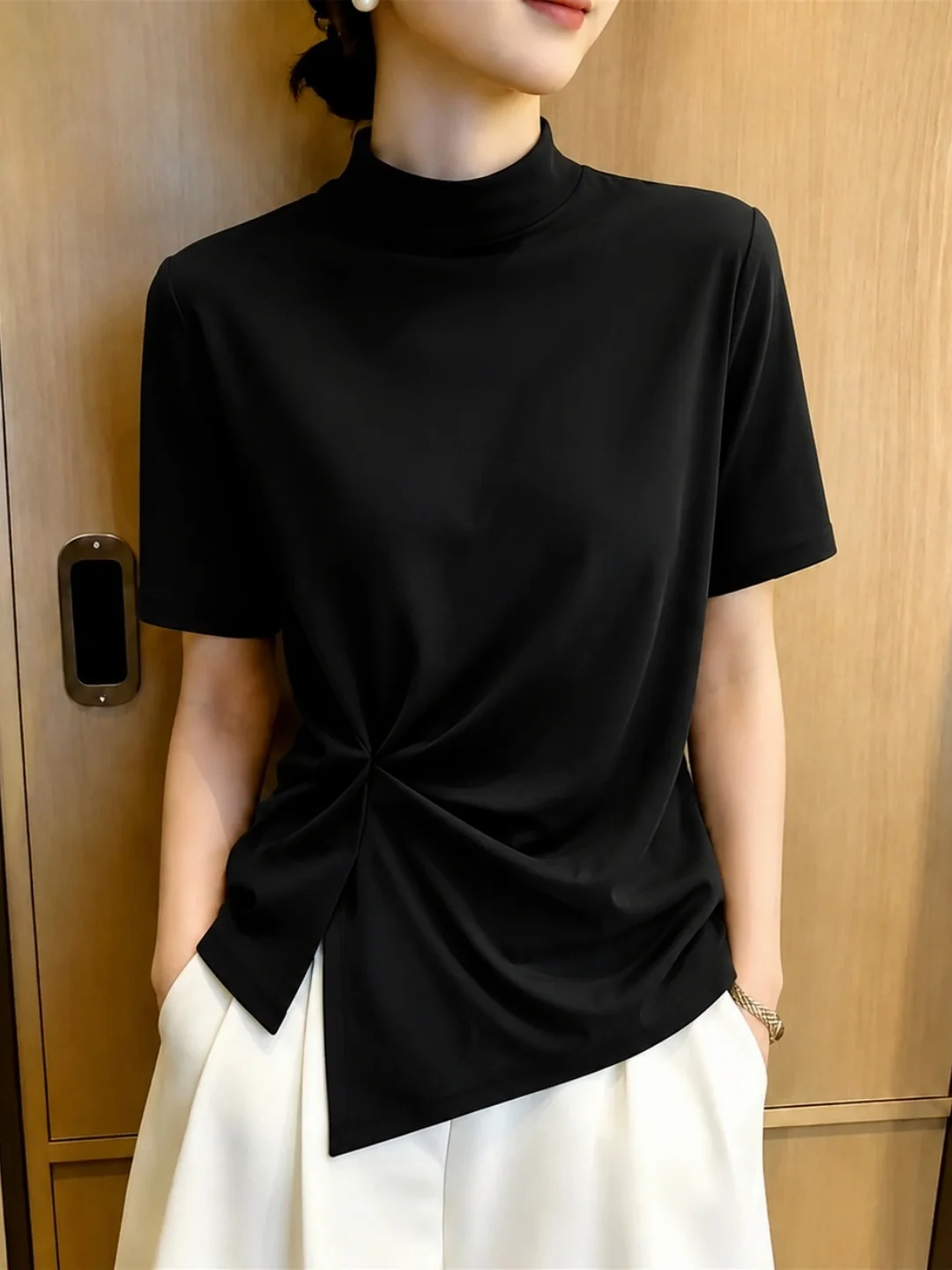 Fashionable Semi-High Collar Short Sleeve T-Shirt Commute Pure Color Summer New Arrival Women's Straight Cut Basic Top