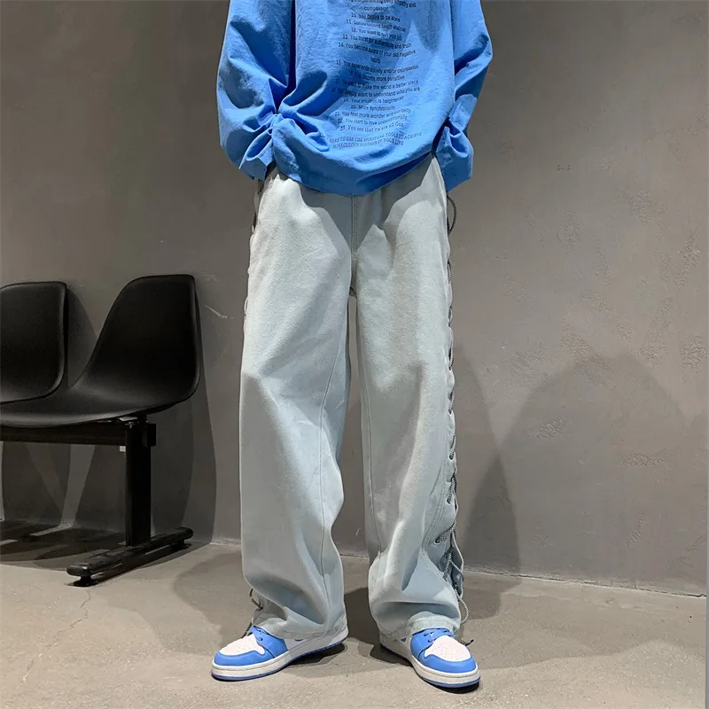 High Street Design Cross Strap Jeans Men Fashion Brands Ruffle Handsome Stylish Flow Loose Straight Casual Wide-Leg Trousers