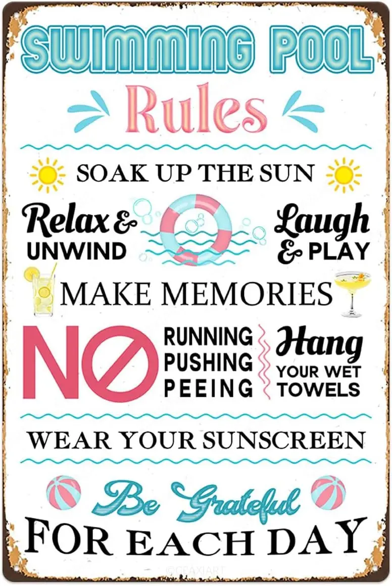Swimming Pool Rules Tin Sign Durable Metal Signs Vintage Hanging Plaque Outdoor Decorative for Beach Home Bar Pool Deck Backyard