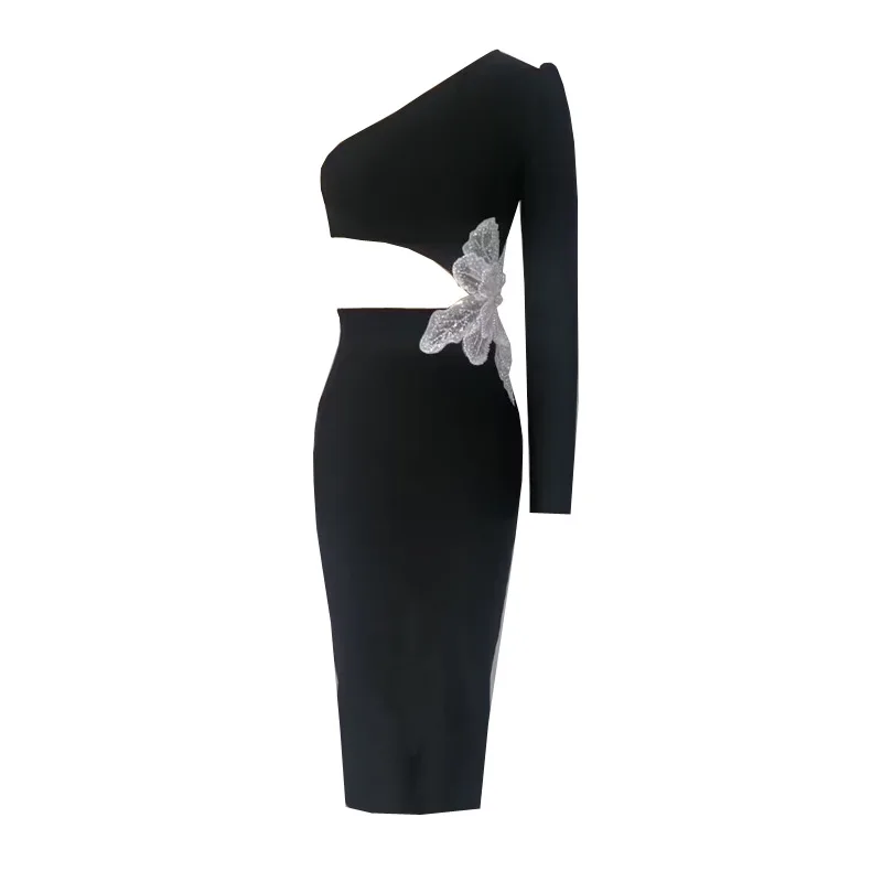 

Elegant Long Sleeve Hollow out Waist Decorated Wrap Evening Dress for Women Chinese Style Stand Collar Loose Waist Design