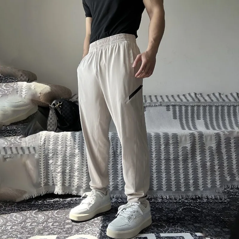 High Elasticity Thin Sports Pants Loose Fit Fitness Training Breathable Casual Belt Pants Men's Solid Ice Silk Cool Feeling