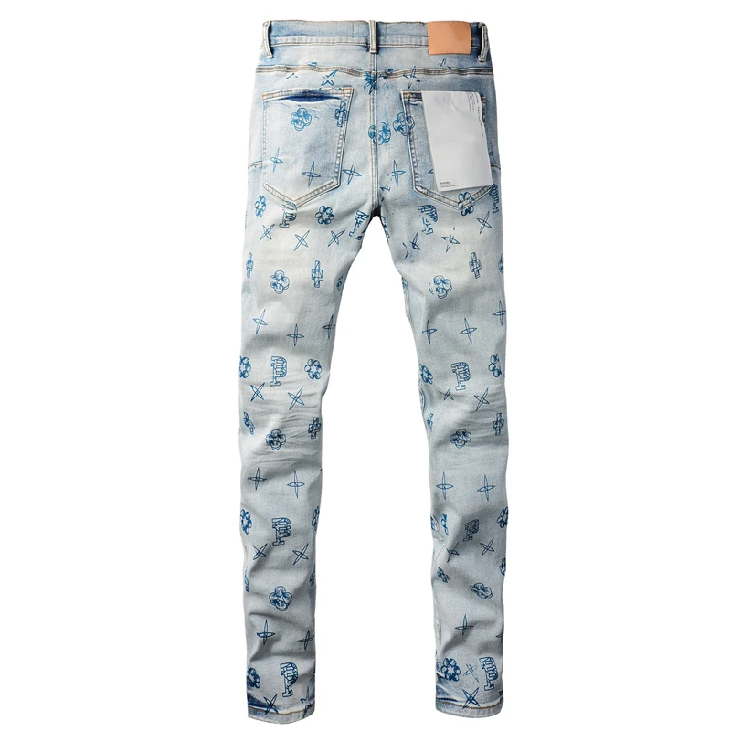 Streetwear Rap Hip-hop Purples Light Blue Jeans Menswear Personality Trend Stars Flower Letter P Print Slim Denim Pants Trousers