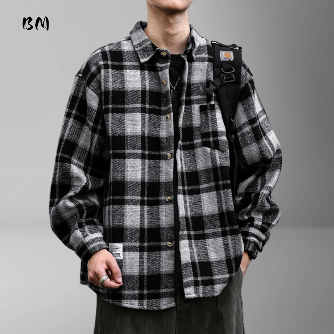 Mens Shirt American Vintage Plaid Heavyweight Long Sleeve Streetwear Spring Autumn Korean Fashion Casual Trendy Oversized Tops