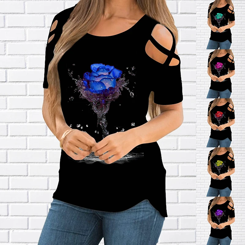 

Fashion 3D Rose Print T-shirt Women Pullover Round Neck T-shirt Summer Casual Loose Short Sleeve Pulllover New2022