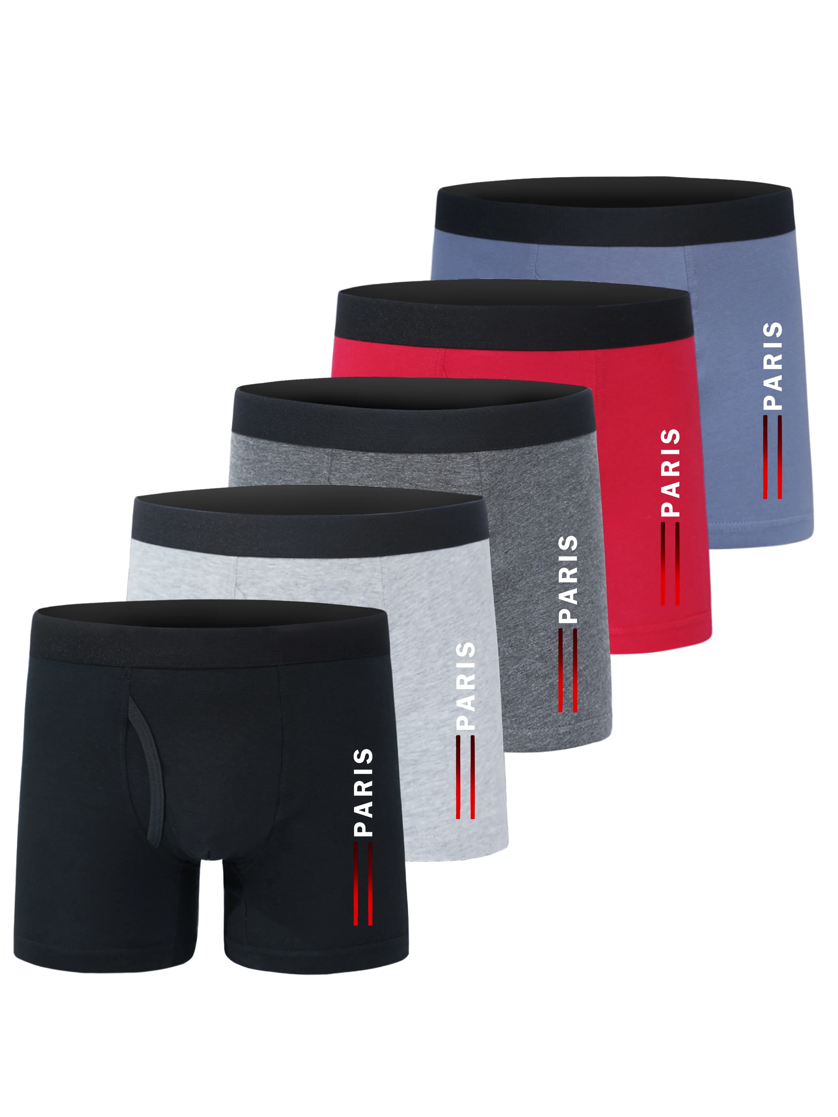 5Pcs Boys Open Crotch Boxer Briefs Cotton Kids Underwear PARIS Letter Print Simple Striped Graphic Soft Breathable Children Unde
