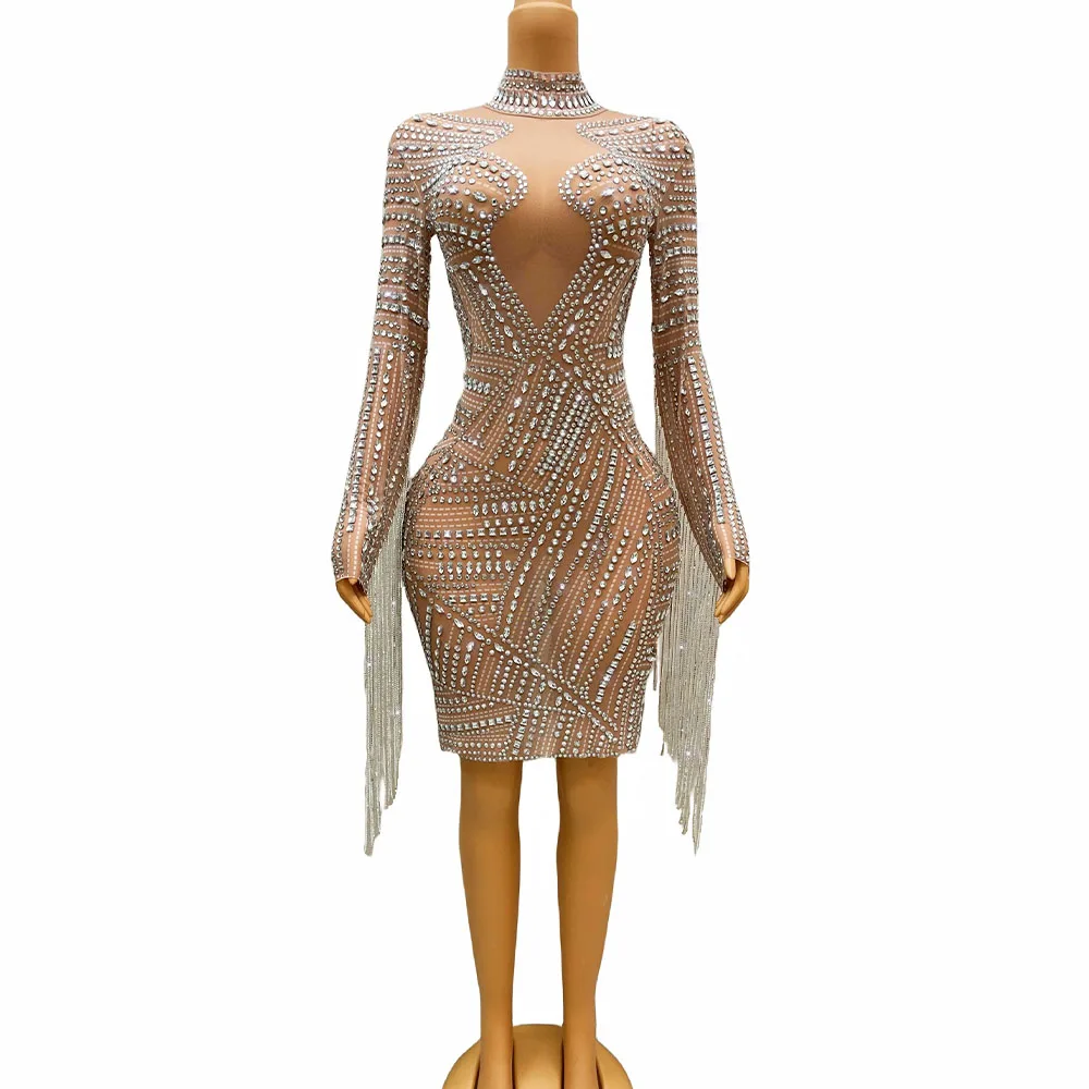 

Sexy Silver Rhinestones Long Sleeve Crystals Chains Short Dress Transparent Fringes Outfit Birthday Party Gowns Collections