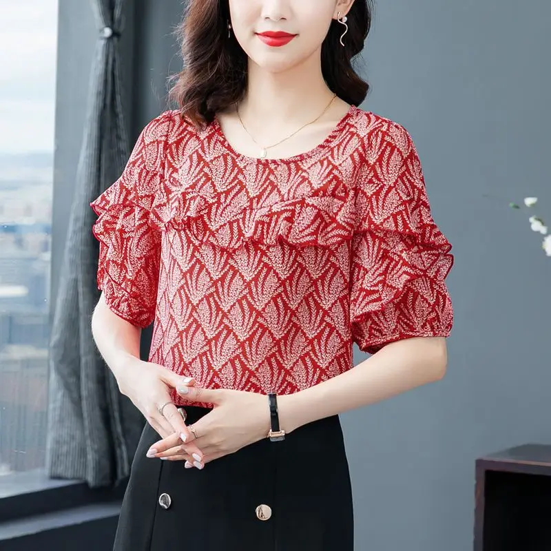 Office Lady Elegant Ruffles Patchwork Shirt Vintage Printed Summer New Short Sleeve Loose Women\'s Clothing O-Neck Chiffon Blouse