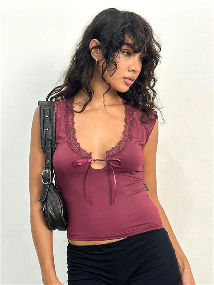 

Sheer Lace Patchwork Cut-Out Slim Low-Cut V-Neck Tie-Up Crop Tank Top Women’s Chic Streetwear Elegant Sleeveless Vest