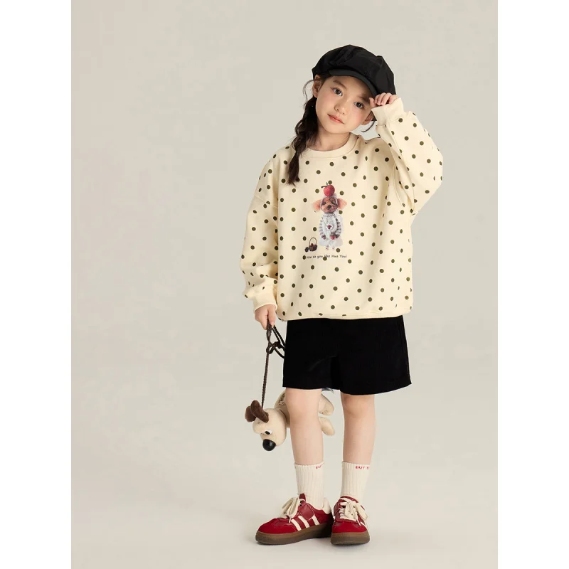 

Girls' Fashionable Cartoon Cute Puppy Sweater2024Autumn New Children's Loose Full Print Polka Dot Top Tide