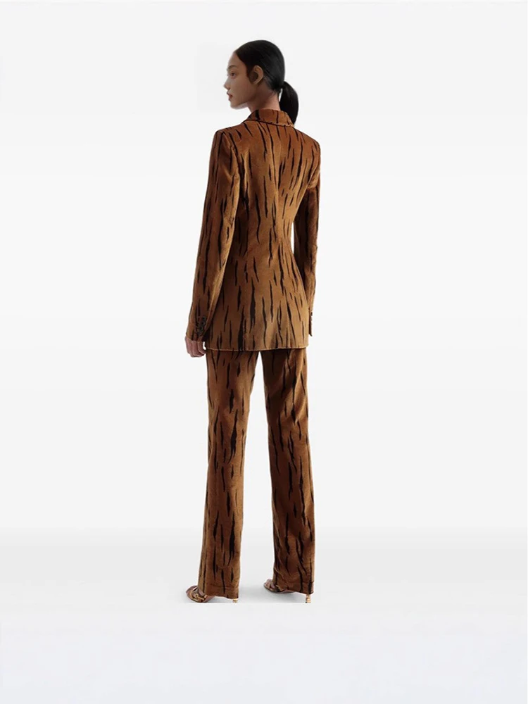HIGH STREET Newest Fashion 2026 Designer Runway Suit Set Women's Tiger Skin Print  Velvet Blazer Pants Suit 2pcs