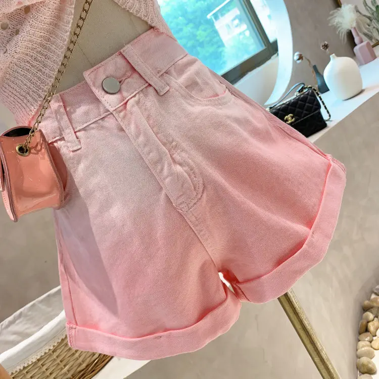 Gradient Pink Summer Denim Shorts Sweet Straight Leg High Waisted Casual Capris Japan South Korea 2024 New Model