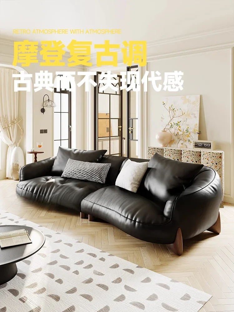 Cream style leather sofa, small apartment living room straight row minimalist first layer cowhide three-person sofa
