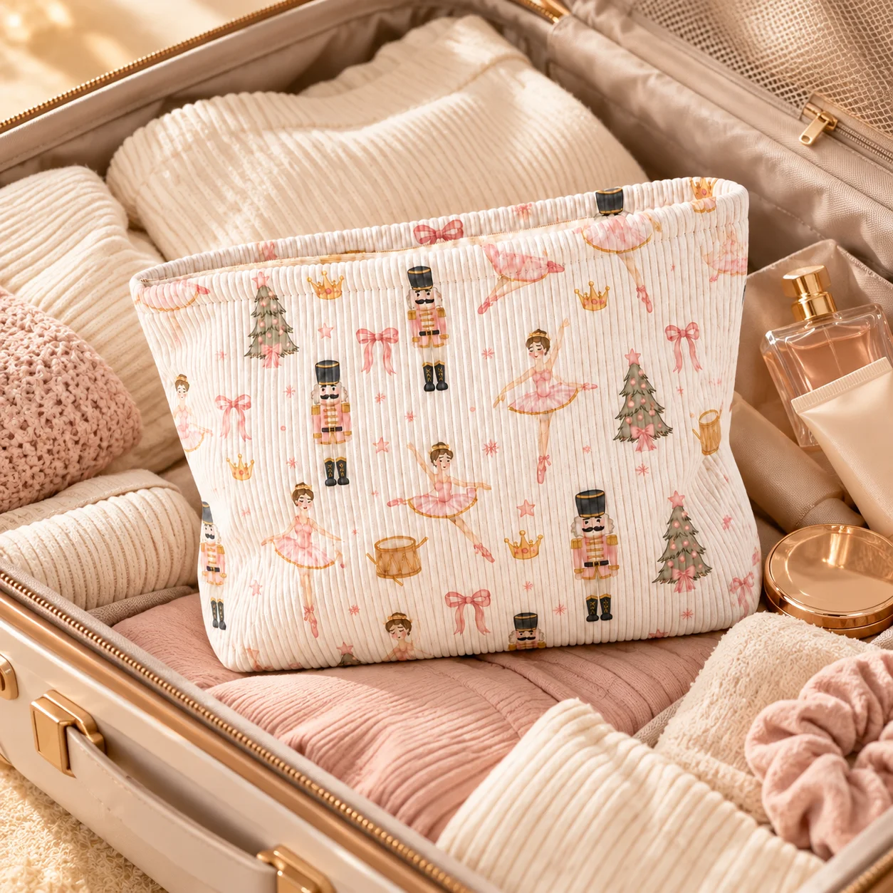 Makeup Bag Corduroy Cosmetic Pouch Ballerina Nutcracker Print Travel Toiletry Organizer Portable Women Storage Bag Makeup Case