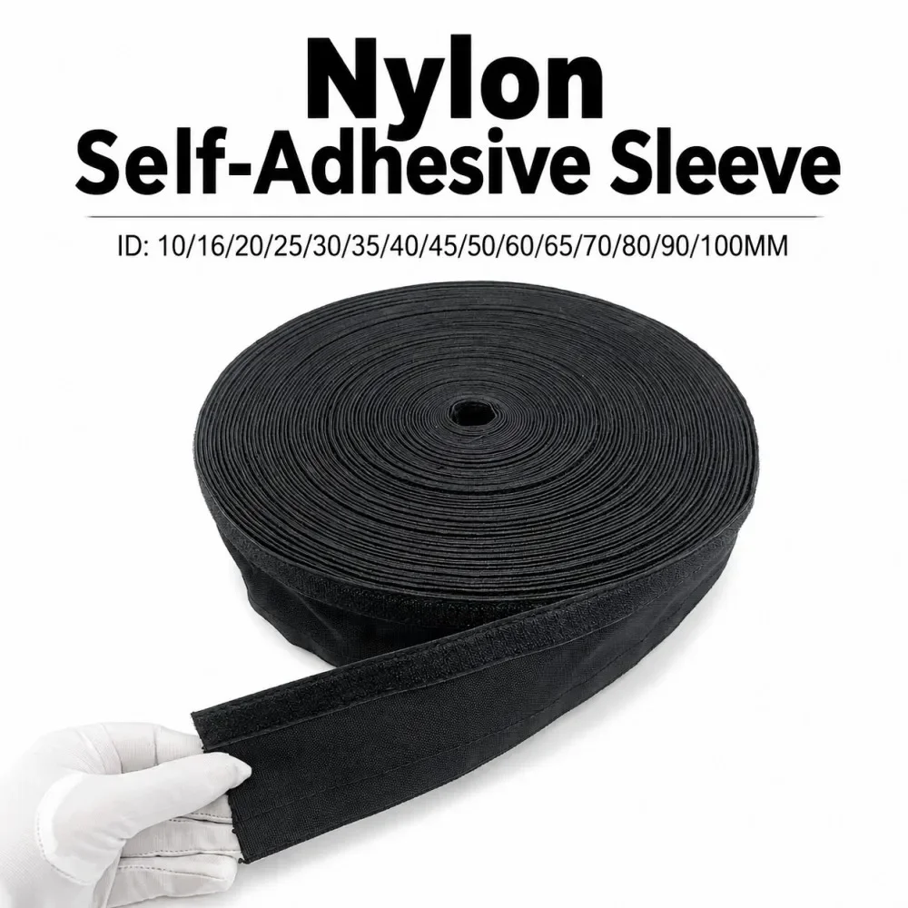 Black PET Braided Cable Sleeve ID 10mm - 100mm Insulated Flame Retardant Self-adhesive Nylon Sheath Wire Line Harness Protective
