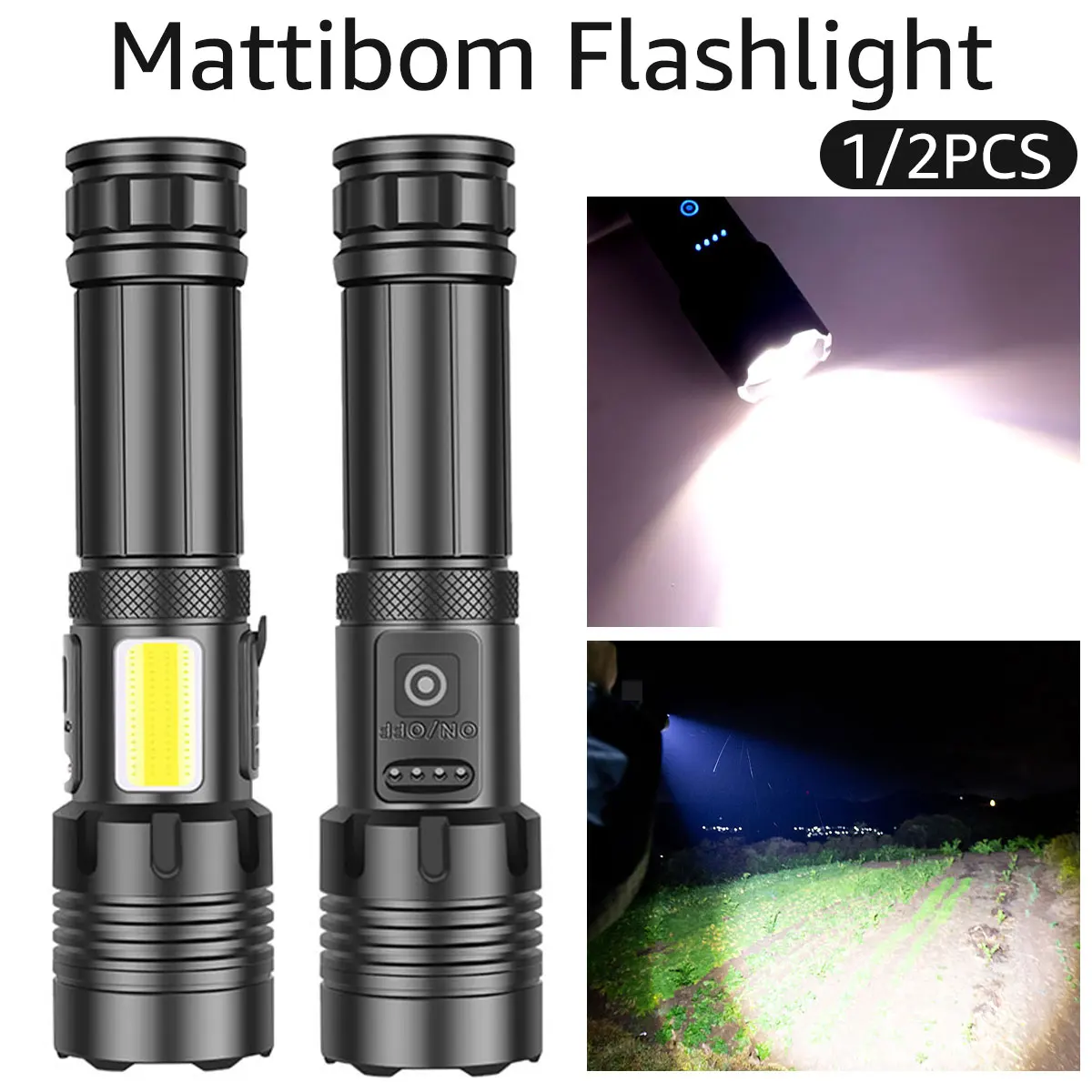 1/2Pcs LED Flashlight 90000LM Super Bright COB Torch IPX4 Waterproof XHP70 Tactical Flashlight Spotlight Floodlight Rechargeable