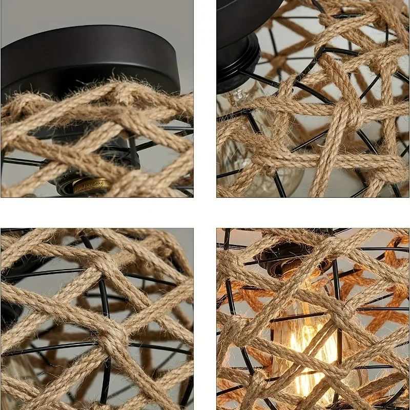 Chic Hemp Rope Ceiling Light - Woven Rattan Wicker Accents - Semi Flush Mount Retro Fixture for Kitchen Bedroom Hallway