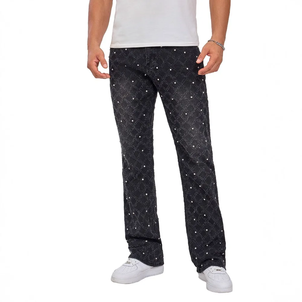 Denim Straight Ankle Length Pants Men Jean Washed Vintage Pearl Jeans Print Pockets High Street Spliced Distressed 2025