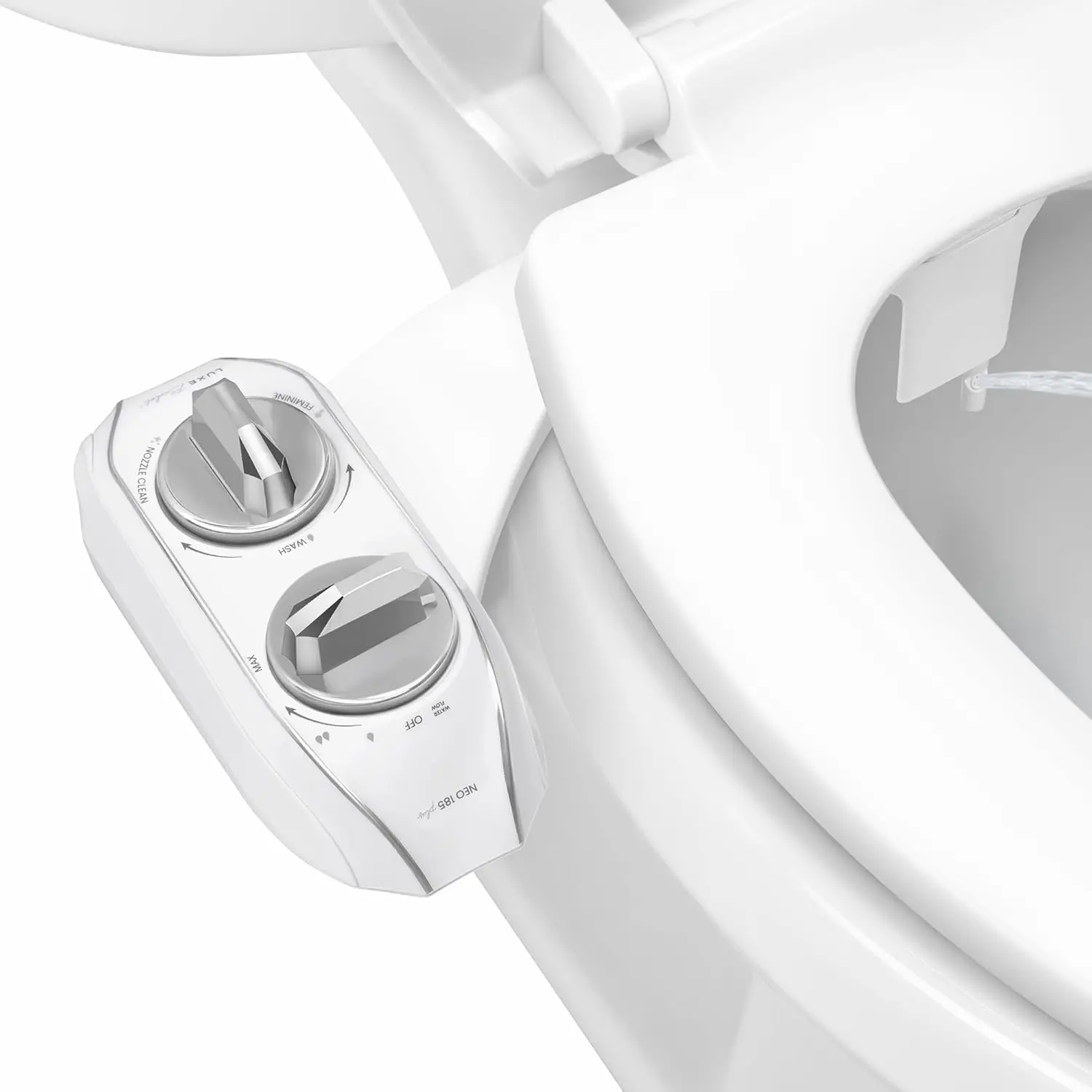 

Dual Nozzle Non-Electric Bidet Attachment - Patented Slide-In Install, 360° Self-Clean, EZ-Lift to Clean, Feminine & Rear Wash (Chrome)