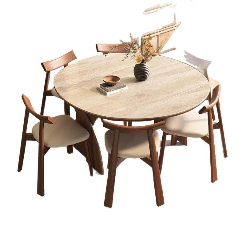 Rustic Solid Wood Dining Table for Small Spaces Foldable Extendable Round Table with Travertine Base and Ash Wood Extension