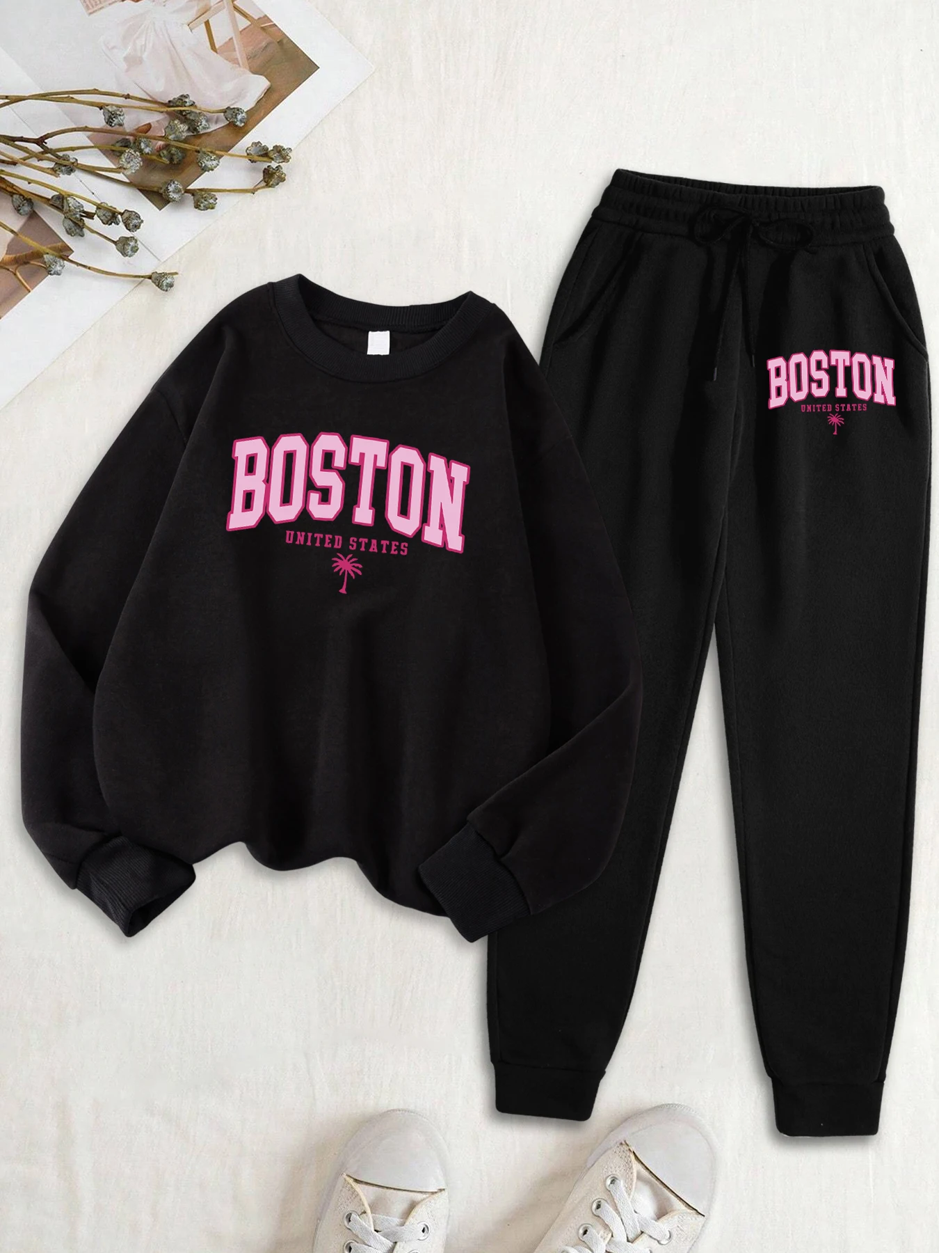 Boston United States Prints Women Sweatshirt Set Casual O-Neck Jogging Pants Fashion Autumn Sweatpants Fleece Street Tracksuit