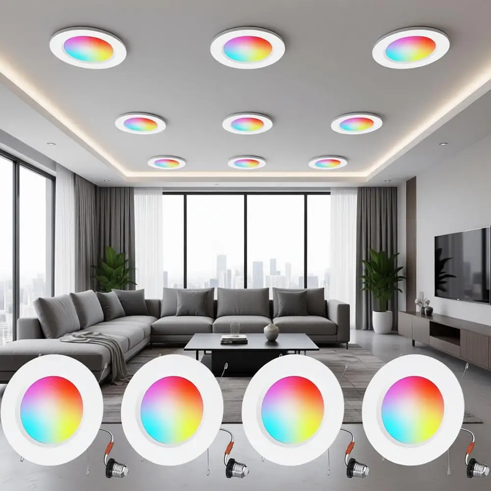 

5/6 inch Compatible with Alexa Smart LED Downlight 13W 1050LM LED Lights Multicolor APP Dimmable 4-Pack