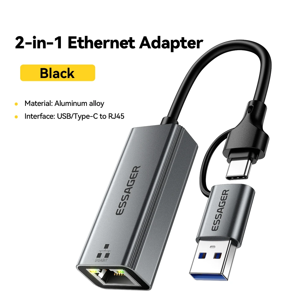 Essager 2-in-1 Ethernet-adapter USB-A Type-C naar RJ45-netwerkkaart voor laptop MacBook Samsung iPad-accessoires Gigabit netwerk
