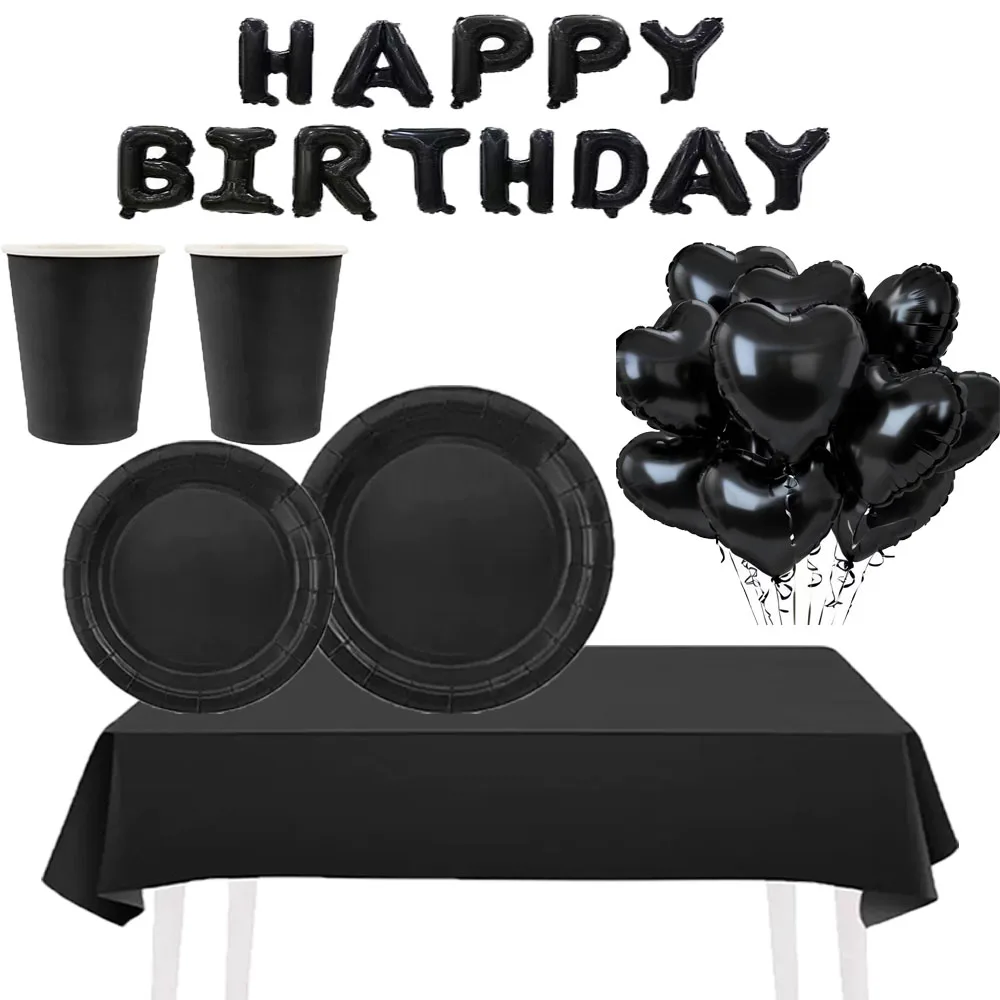 

Simple Black Birthday Party Decoration Single theme Boda 20 piece Disposable Tableware Set Plates Cups Papers Tablecloth