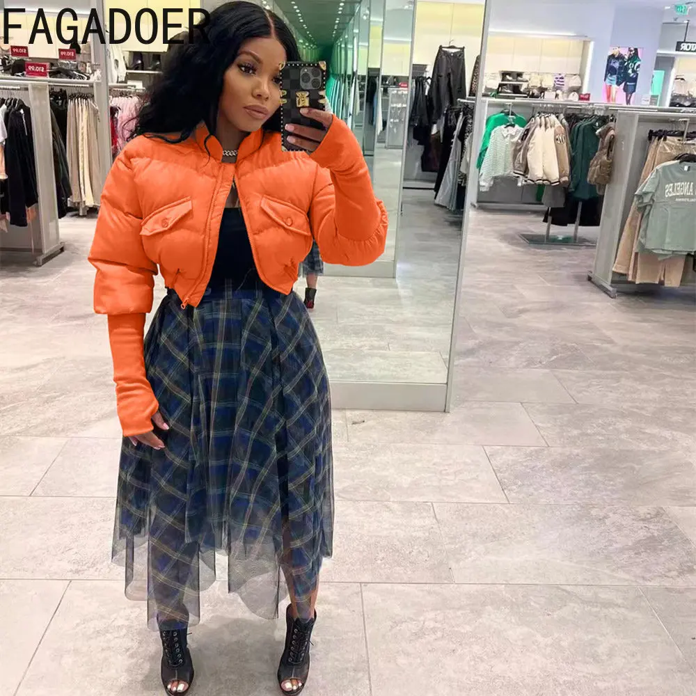 FAGADOER Autumn Winter Women Patchwork Ribber Cotton-padded Casual Zipper Long Sleeve Crop Tops Female Reversible Warm Jackets