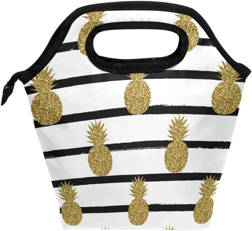 Naanle Gold Glitter Pineapple Insulated Zipper Lunch Bag Cooler Tote Bag for Adult Teens Kids Girls Boys Men Women, Stripe Lunch