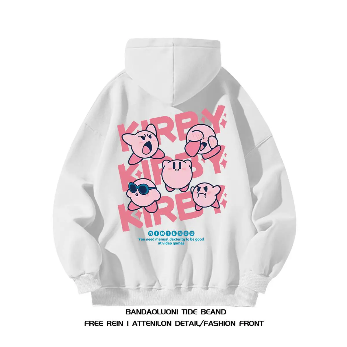 

​​white Anime Hoodie Kirby Inspired Design with Multiple Poses Pink Text Oversized Streetwear Kangaroo Pocket​​