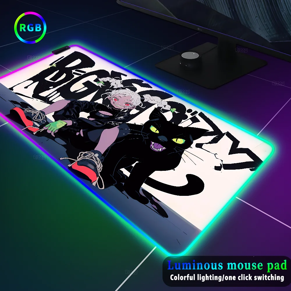 RGB Black Cat Girls mause pad Desk mat Keyboard accessories table mat Mousepad Lighting Backlight mat kawaii pink PC Gamer mats