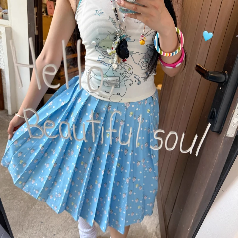 الصيف الضوء الأزرق الحيوان طباعة البولكا نقطة المرأة متوسطة طويلة مطوي تنورة اليابانية الحلو تنوعا الحد من العمر التنانير السيدات